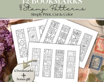 Printable Coloring Bookmarks | Color Your Own Bookmarks | 12 Stamp Themed Bookmarks to Color | DIY Bookmark Coloring Pages | Instant PDF