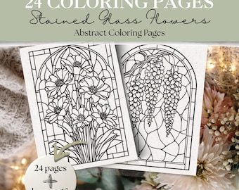 Stained Glass Flower Coloring Pages | 24 Printable Floral Panels | Elegant Line Art | Floral Stained Glass Coloring Sheets | Bold and Easy