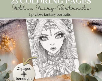 Gothic Fairy Portraits Coloring Pages | Dark Fantasy Fairy Face Designs | Light & Dark Versions | Adult Gothic Coloring Book | PDF Download