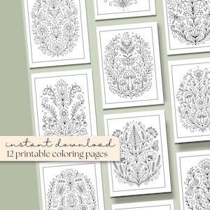 May include: A set of 12 printable colouring pages with detailed floral and nature-themed designs. Each page features black and white illustrations of flowers, butterflies, mushrooms, and other elements. The text "instant download" is visible.