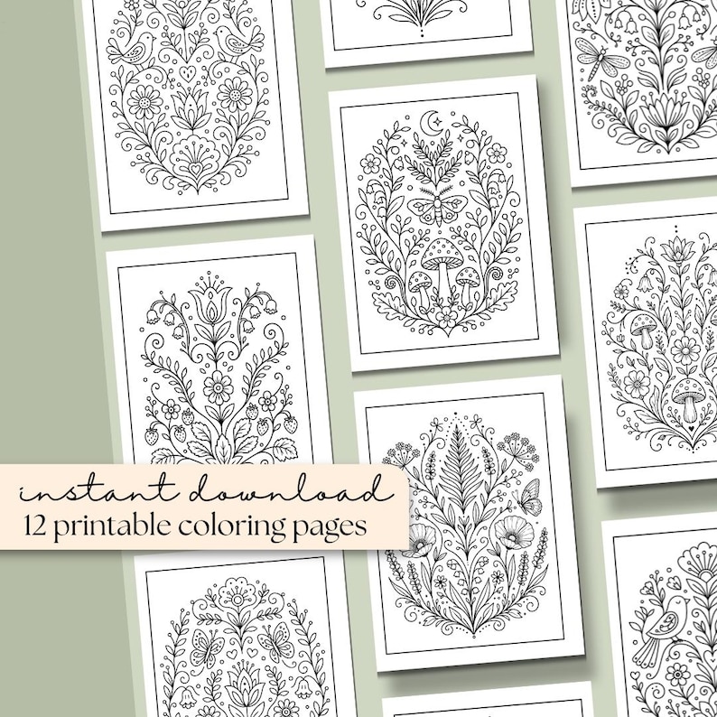 May include: A set of 12 printable colouring pages with detailed floral and nature-themed designs. Each page features black and white illustrations of flowers, butterflies, mushrooms, and other elements. The text "instant download" is visible.
