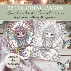 Puede incluir: Dos libros para colorear con ilustraciones de criaturas fantásticas. Uno está coloreado con tonos pastel, el otro es en blanco y negro. El texto dice "22 Páginas para colorear Criaturas encantadas" y "Entra en un mundo más allá de la imaginación". Se incluye un regalo extra.