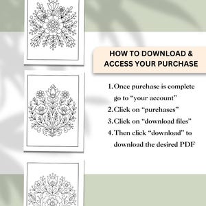 May include: Black and white floral line art designs in frames. Instructions on how to download and access a purchase are also included. The text reads: "HOW TO DOWNLOAD & ACCESS YOUR PURCHASE".
