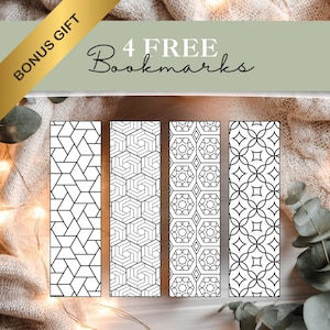 May include: Four geometric pattern bookmarks in black and white. The bookmarks have different designs, including hexagons, and geometric shapes. The image also includes the text "BONUS GIFT" and "4 FREE Bookmarks".