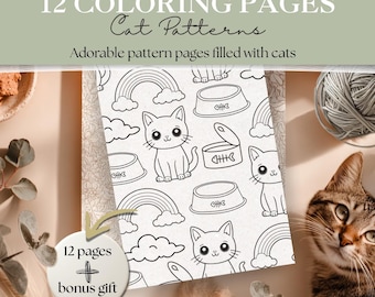 Cat Pattern Coloring Pages | 12 Cute & Playful Cat Designs | Relaxing Animal Coloring Sheets for Kids, Teens and Adults | Stress Relief