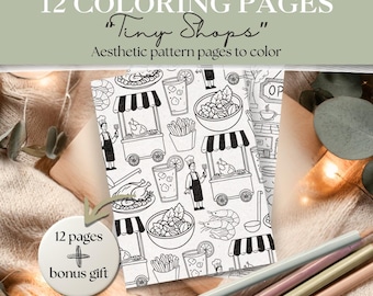 Tiny Shops Coloring Pages | Storefront Pattern Bundle | 15 Printable Pages | Café, Bakery, Market, Boutique, Pet Shop Patterns | Instant PDF