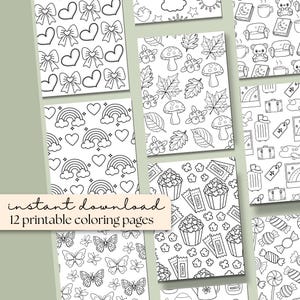 May include: A selection of 12 printable colouring pages with black and white patterns. Designs include bows, hearts, rainbows, butterflies, mushrooms, leaves, popcorn, and travel-themed illustrations. Text reads "instant download 12 printable colouring pages."