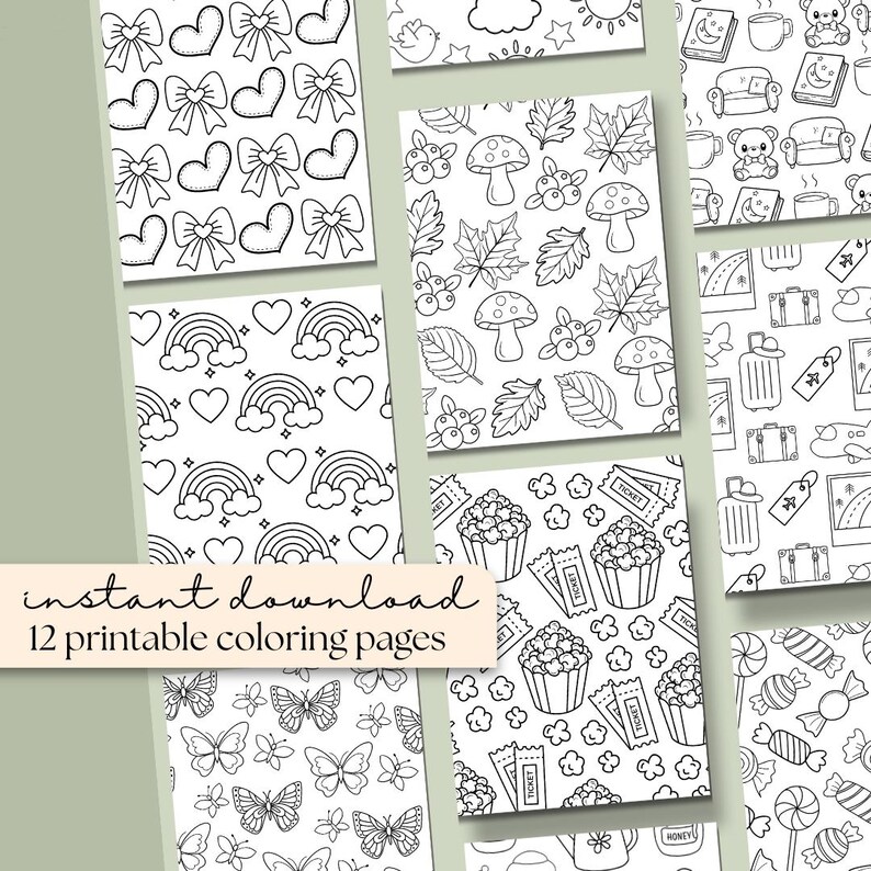 May include: A selection of 12 printable colouring pages with black and white patterns. Designs include bows, hearts, rainbows, butterflies, mushrooms, leaves, popcorn, and travel-themed illustrations. Text reads "instant download 12 printable colouring pages."