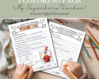 My Superhero Teacher Printable | Teacher Appreciation Coloring Page | Kids Fill-In Worksheet | End of Year Teacher Gift | PDF Download #276