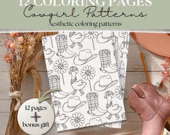 Western Cowgirl Pattern Coloring Pages | 15 Western-Themed Designs | Cute Country Patterns | Boots, Hats, Lassos | Country Coloring Sheets