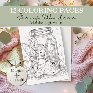 May include: A colouring book titled "Jar of Wonders" with 12 colouring pages and a bonus gift. The cover features a line drawing of a fairy reading inside a jar. The image is surrounded by a pink knitted scarf, a butterfly, and decorative lights.