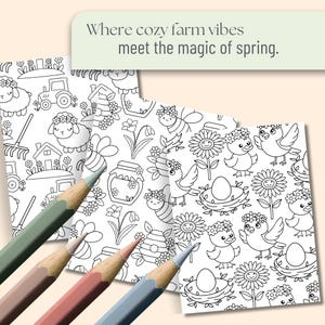 May include: Coloring pages with farm-themed illustrations, including sheep, tractors, and flowers. The pages are black and white, with colored pencils in green, brown, pink, and blue. Text reads: "Where cozy farm vibes meet the magic of spring."