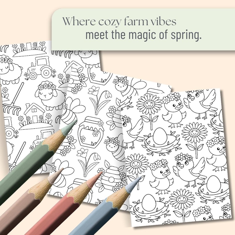 May include: Coloring pages with farm-themed illustrations, including sheep, tractors, and flowers. The pages are black and white, with colored pencils in green, brown, pink, and blue. Text reads: "Where cozy farm vibes meet the magic of spring."