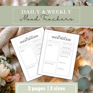 May include: Two white mood tracker pages with the text "My daily MOOD TRACKER" and "My weekly MOOD TRACKER". The pages have sections for tracking mood, with the text "DAILY & WEEKLY Mood Trackers" at the top. The bottom of the image says "2 pages | 3 sizes".