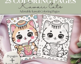 Super Cute Kawaii Cats Coloring Pages | Adorable Cat Printables | Bold & Easy Outlines for All Ages | Cute Cat | Kawaii Cat | Easy Coloring