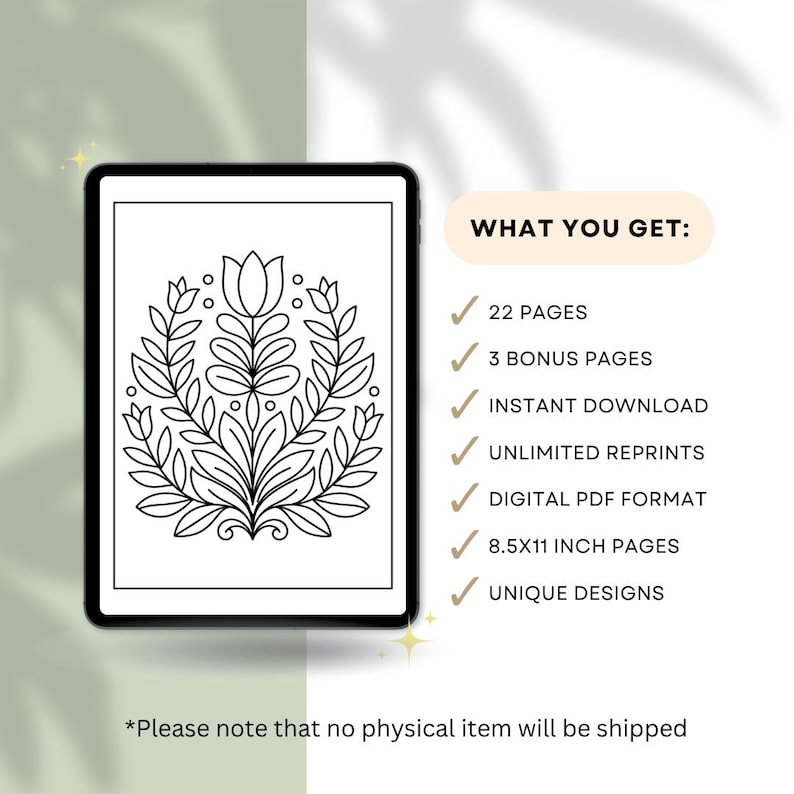 May include: A digital download displayed on a tablet. The image shows a black and white floral design. Text on the right side lists features: 22 pages, 3 bonus pages, instant download, unlimited reprints, digital PDF format, 8.5x11 inch pages, and unique designs.