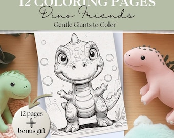 May include: A coloring book titled "12 Coloring Pages Dino Friends Gentle Giants to Color" featuring a cartoon dinosaur illustration. Includes a bonus gift. Soft toy dinosaurs in green and pink are also visible.