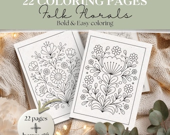 Folk Floral Coloring Pages Bundle | Boho Folk Art Designs + Mandala Bonus | Printable Adult Coloring Book | Relaxing Botanical Line Art #365