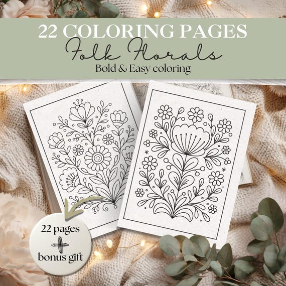 Folk Floral Coloring Pages Bundle | Boho Folk Art Designs + Mandala Bonus | Printable Adult Coloring Book | Relaxing Botanical Line Art #365