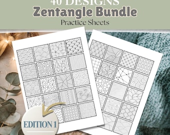 Puede incluir: Dos hojas de práctica blancas con 40 diseños Zentangle. Cada hoja presenta una cuadrícula de patrones en blanco y negro. La parte superior de la imagen dice "40 DESIGNS Zentangle Bundle Practice Sheets". La esquina inferior izquierda tiene una etiqueta circular "EDITION 1".