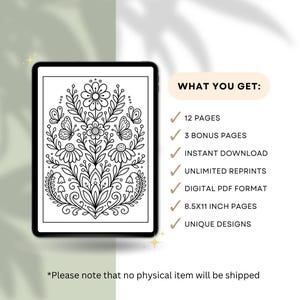 May include: A digital download displayed on a tablet. The image on the tablet is a black and white floral design with butterflies. Text on the right side lists features: 12 pages, 3 bonus pages, instant download, unlimited reprints, digital PDF format, 21.6x28cm pages, and unique designs.