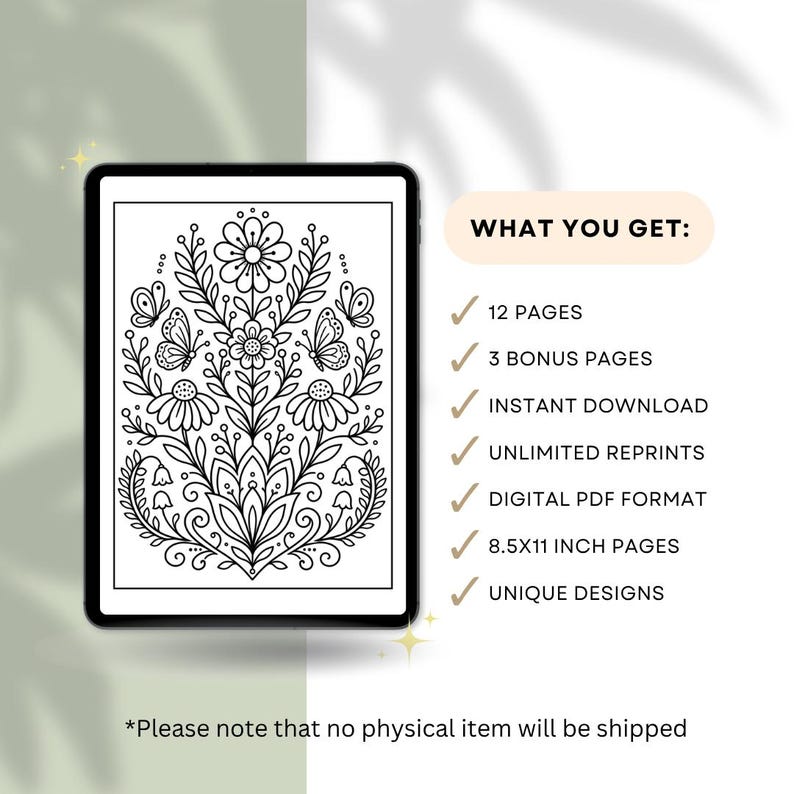 May include: A digital download displayed on a tablet. The image on the tablet is a black and white floral design with butterflies. Text on the right side lists features: 12 pages, 3 bonus pages, instant download, unlimited reprints, digital PDF format, 21.6x28cm pages, and unique designs.