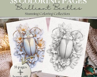 Brilliant Beetles Coloring Pages | 35 Greyscale Insect Illustrations + Bonus Patterns | Botanical Adult Coloring | Digital Download PDF