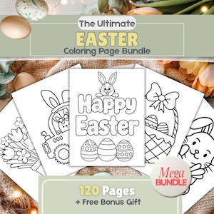 Simple Easter Coloring Pages Bundle | 120 Easy Easter Coloring Pages for Kids | Bunny, Eggs, Chicks & Christian Easter Printables
