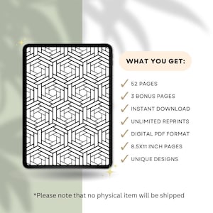 May include: A digital download displayed on a tablet. The tablet screen shows a black and white geometric pattern. Text on the right side lists features: 52 pages, 3 bonus pages, instant download, unlimited reprints, digital PDF format, 8.5x11 inch pages, and unique designs.