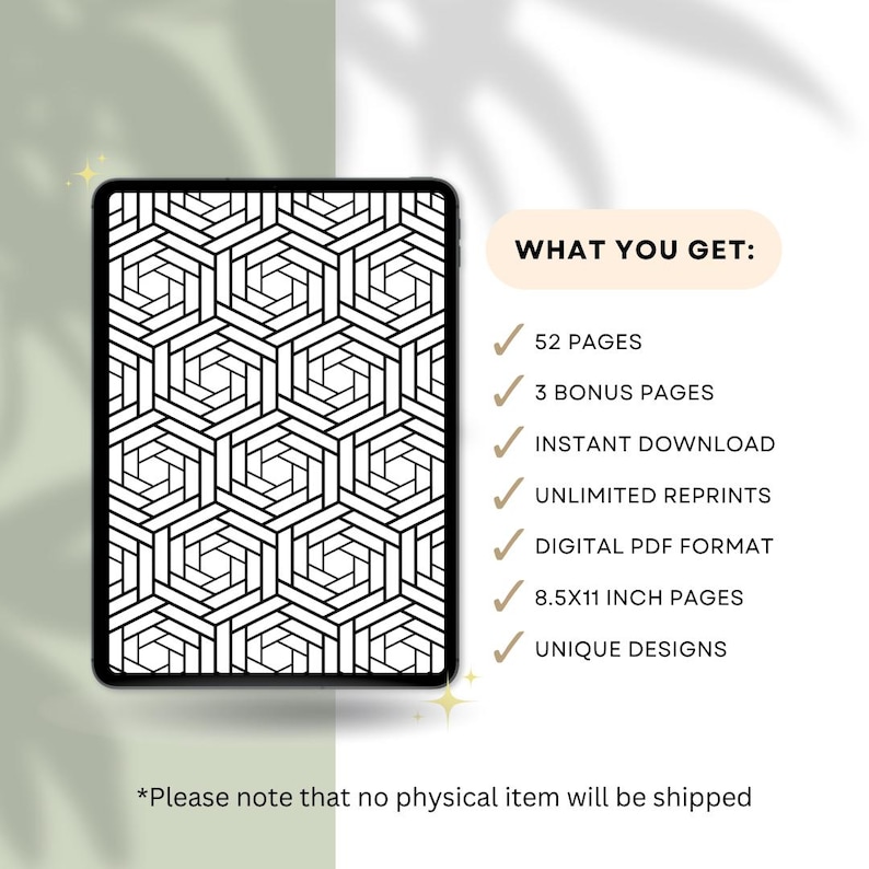 May include: A digital download displayed on a tablet. The tablet screen shows a black and white geometric pattern. Text on the right side lists features: 52 pages, 3 bonus pages, instant download, unlimited reprints, digital PDF format, 8.5x11 inch pages, and unique designs.