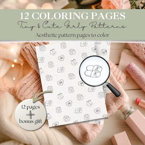 May include: Aesthetic coloring pages with tiny and cute girly patterns. The image shows a close-up of a coloring book with various small illustrations of socks, hearts, and slippers. The text reads "12 Coloring Pages" and "bonus gift".