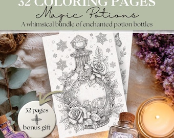 Magic Potion Coloring Pages | Witchy Fantasy Elixir Designs | Spell Jars, Cauldrons, Fairy Potions, Crystal Bottles | Adult Printable PDF