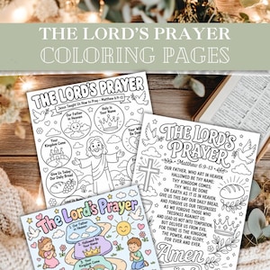 Peut inclure: Trois pages de coloriage en papier blanc présentant la prière du Notre Père avec des illustrations au trait noir d'une croix, de colombes, d'une couronne, de pain, de raisins et d'enfants. Le texte inclut le titre et la prière complète.