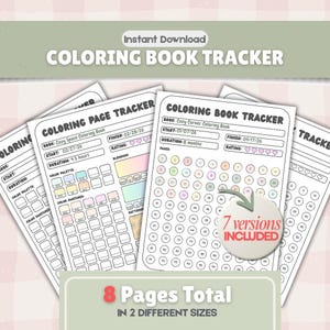 Puede incluir: Un rastreador de libros para colorear imprimible con el texto "Instant Download COLORING BOOK TRACKER". El rastreador incluye secciones para el título del libro, las fechas de inicio y finalización, la duración y la calificación. Tiene 8 páginas en total en 2 tamaños diferentes.