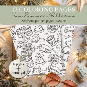 Peut inclure: Pages de coloriage esthétiques avec des motifs sur le thème de l'été. L'image montre une pile de pages de coloriage blanches avec des dessins au trait noirs de tranches de pastèque, de crème glacée et d'autres icônes estivales. Le texte indique "12 pages à colorier, motifs d'été amusants".