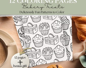 Bakery Treats Pattern Coloring Pages | 15 Sweet Dessert Designs | Donuts, Croissants, Cupcakes & Pastries | Relaxing Food Coloring Sheets