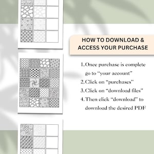 Pu&ograve; includere: Due pagine bianche con disegni in bianco e nero, insieme a una guida intitolata "HOW TO DOWNLOAD & ACCESS YOUR PURCHASE". La guida fornisce istruzioni su come accedere ai file digitali acquistati.