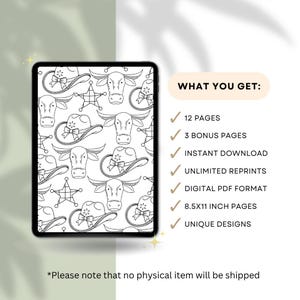 May include: A digital download displayed on a tablet, featuring a black and white cowboy-themed pattern of hats, stars, and longhorn skulls. The text "WHAT YOU GET" is displayed with a list of features, including 8.5x11 inch pages.