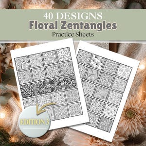 Puede incluir: Dos hojas de práctica blancas con 40 diseños florales de zentangle. Las hojas presentan intrincados patrones en blanco y negro, incluyendo flores y hojas. El texto "40 DESIGNS Floral Zentangles Practice Sheets" está en la parte superior. Una etiqueta circular "EDITION 3" está en la parte inferior.