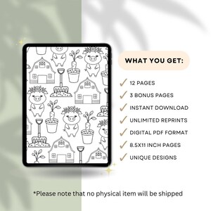 May include: A digital download displayed on a tablet. The screen shows a black and white farm-themed coloring page with pigs, barns, and gardening tools. Text on the right side lists features, including 8.5x11 inch pages and unique designs.