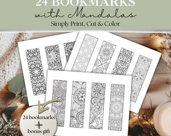 Printable Coloring Bookmarks | Color Your Own Bookmarks | 24 Mandala Bookmarks to Color + Bonus | DIY Bookmark Coloring Pages | Instant PDF