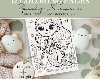 Spooky Kawaii Halloween Coloring Pages for Kids & Teens | Cute Ghosts, Pumpkins, Bats, Monsters | 12 Pages + Bonus | Printable Book PDF