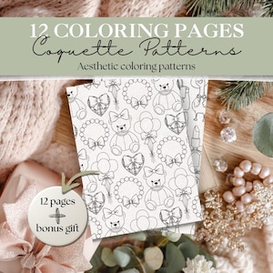Pode incluir: Páginas para colorir estéticas com "Coquette Patterns" com ursinhos, laços e corações. A imagem inclui o texto "12 Coloring Pages" e "Aesthetic coloring patterns". Um presente bónus também está incluído.