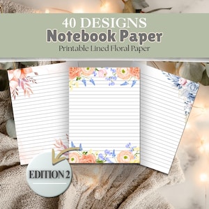 May include: Notebook paper with floral designs. The paper has lined pages and decorative floral borders in shades of pink, peach, and blue. The text at the top reads "40 DESIGNS Notebook Paper Printable Lined Floral Paper". The Edition 2 logo is also visible.