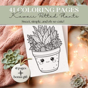 May include: A coloring book with the text "41 COLORING PAGES Kawaii Potted Plants" and "Sweet, simple, and oh-so-cute!" features a cute potted plant illustration. A bonus gift is included. The book is surrounded by a pink knitted blanket and decorative plants.