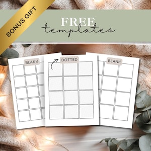 Peut inclure: Trois mod&egrave;les de papier blanc avec des grilles, &eacute;tiquet&eacute;s "Blank" et "Dotted". Les mod&egrave;les sont sur un fond doux et textur&eacute;. L'image comprend le texte "FREE templates" et "BONUS GIFT".