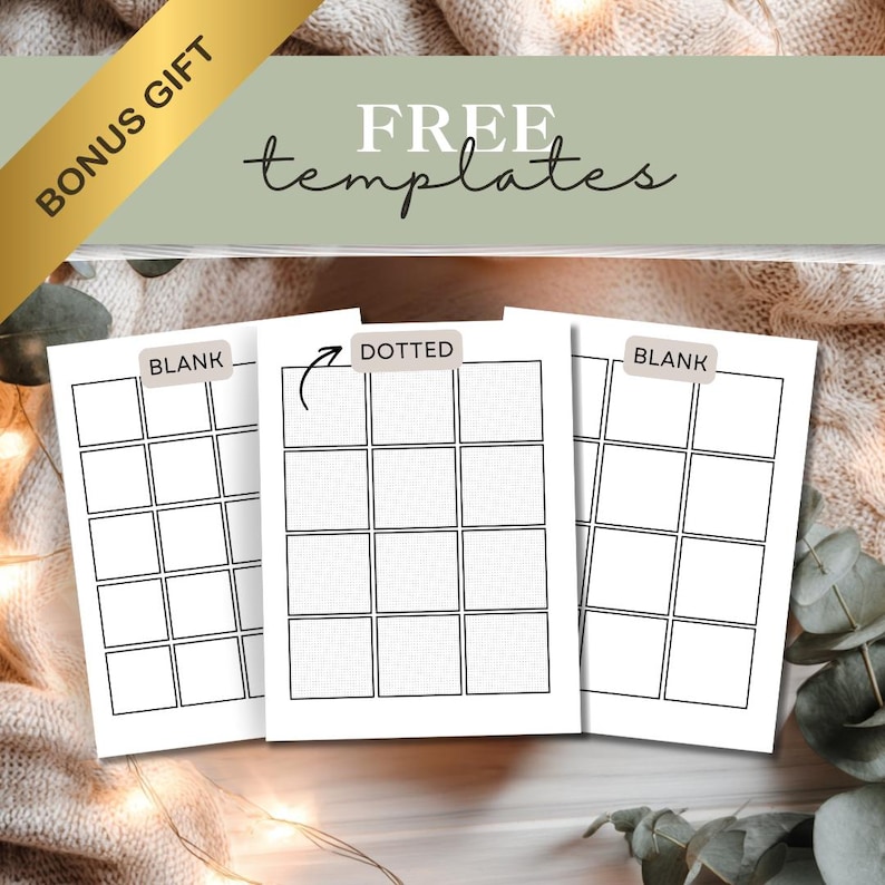 Peut inclure: Trois mod&egrave;les de papier blanc avec des grilles, &eacute;tiquet&eacute;s "Blank" et "Dotted". Les mod&egrave;les sont sur un fond doux et textur&eacute;. L'image comprend le texte "FREE templates" et "BONUS GIFT".