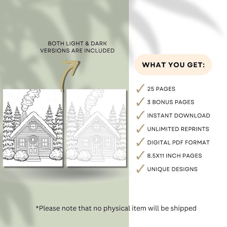 K&ouml;nnte beinhalten: Ein digitales Download-Produkt mit zwei Ausmalbildern eines Ferienhauses in einer Winterszene. Das Bild enth&auml;lt den Text "BOTH LIGHT & DARK VERSIONS ARE INCLUDED" und "WHAT YOU GET:" mit einer Liste von Funktionen, einschlie&szlig;lich 21,59 x 27,94 cm Seiten.