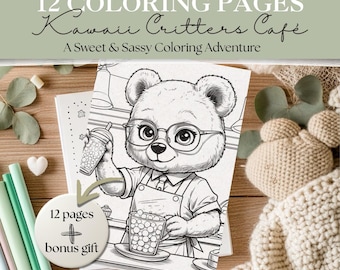 Kawaii Animals Café Coloring Book | 12 Printable Pages + Bonus | Cute Printable Pages for Kids & Teens | Instant Digital PDF Download