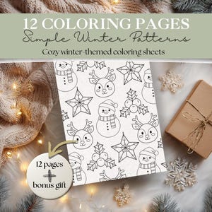 Può includere: Un set di 12 pagine da colorare con semplici motivi invernali, con pupazzi di neve, renne e stelle. Il testo recita "Fogli da colorare a tema invernale". È incluso un regalo bonus.